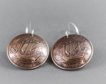 Copper English Halfpenny Ship Earrings