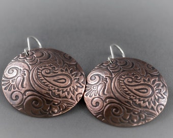 Round Embossed Copper Disk Paisley Earrings