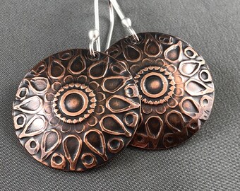 Round Domed Copper Mandala Earrings