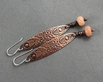 Long embossed patterned copper and bead earrings