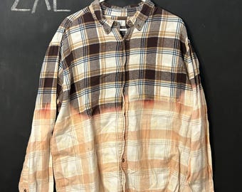 Franela a cuadros desgastada de color marrón y blanco teñida con lejía - 2XL