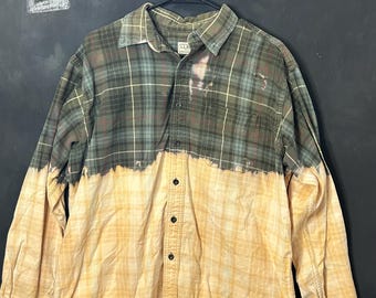 Franela a cuadros verde/azul desgastada teñida con blanqueador - Grande