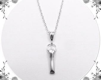 Flute "Foot" Silver Necklace hanging from a delicate Sterling silver bail with elegant silver rolo chain. Cut from real flute keys!