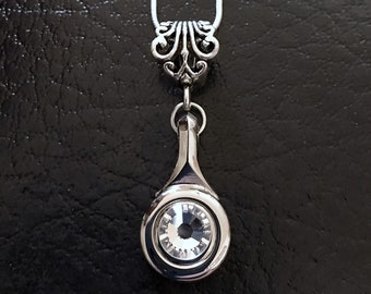 Flute Key Necklace (small B key) with clear Swarovski Crystal on Decorative Bail- Complimentary snake chain necklace.