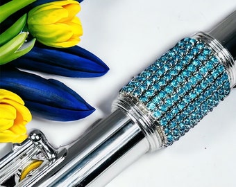 Flute Barrel Bling-AQUA, plus 2 copper barrel finish protectors, acrylic application wand, carrying case, cleaning cloth, app instructions