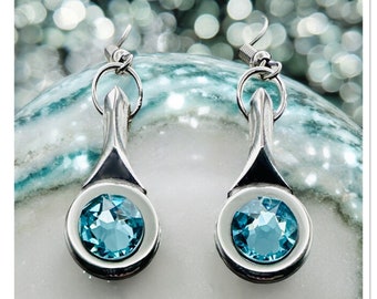 Flute Key Earrings (Small Silver B Keys) Pierced Earrings (fish hook)  with authentic deep Aquammarine Swarovski Crystals