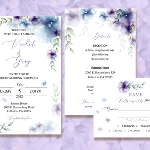 Ensemble d'invitations de mariage de fleurs violettes et bleues, faire-part de mariage, détails, carte RSVP, modèle imprimable modifiable, réservez la date, TEMPLETT