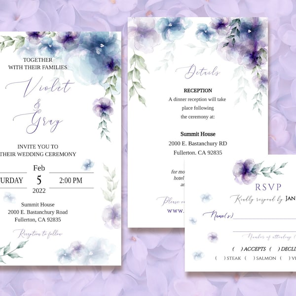 Purple & blue flowers wedding invitation set, Wedding Invitation, details, RSVP card, Editable printable template, Save the date, TEMPLETT