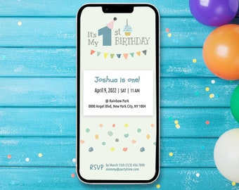 May include: A digital invitation on a smartphone screen for Joshua's 1st birthday party. The invitation is decorated with colourful confetti and a blue and white number one with a party hat. The invitation includes the date, time, location, and RSVP information.