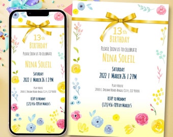 Spring birthday party Invitation Template Set, Printable birthday Invitation, birthday e-card, Birthday Evite, Save the date, TEMPLETT