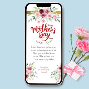 Plantilla editable de ramo del Día de la Madre para teléfono inteligente, tarjeta digital del día de la madre, tarjeta electrónica del día de la madre con ramo de rosas, TEMPLETT
