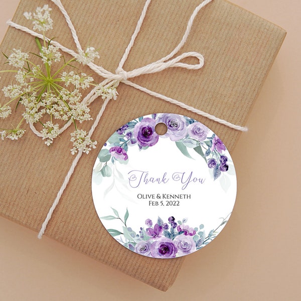Purple floral wreath Thank you round or square favor tag, sticker template, printable gift tag, wedding label, 3 sizes (1.5", 2", 3")
