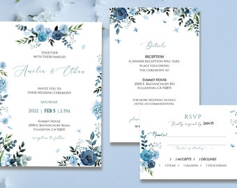 Blue Turquoise flowers wedding invitation set, Wedding Invitation, details, RSVP card, Editable printable template, Save the date, TEMPLETT