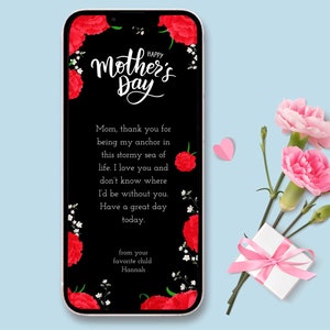 Plantilla editable del Día de la Madre Roja para smartphone, tarjeta digital del día de la madre, tarjeta electrónica del día de la madre con claveles rojos, TEMPLETT