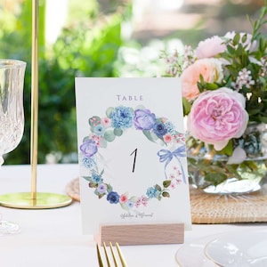 Purple & Blue floral wreath table number template, Editable wedding table number, INSTANT Download, Printable Wedding Table Number, TEMPLETT