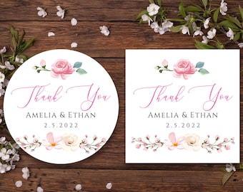 Thank you Pink flowers round or square favor tag, sticker editable template, printable gift tag, wedding label, 3 sizes (1.5", 2", 3")