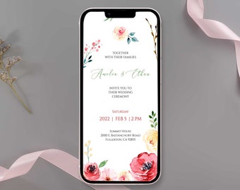 Rote Rose Hochzeit elektronische Einladung, rote und beige Hochzeit Vorlage für Smartphone, Hochzeit evite, Digitale Hochzeitseinladung, TEMPLETT