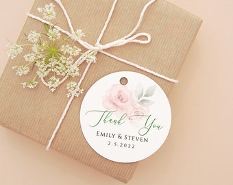 Thank you watercolor rose round or square favor tag, sticker editable template, printable gift tag, wedding label, 3 sizes (1.5", 2", 3")