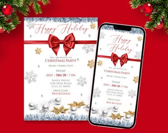 May include: A digital invitation for a Christmas party with a red bow, snowflakes, and the text "Happy Holiday" and "You are invited to Christmas Party". The invitation includes the date, time, location, and dress code.