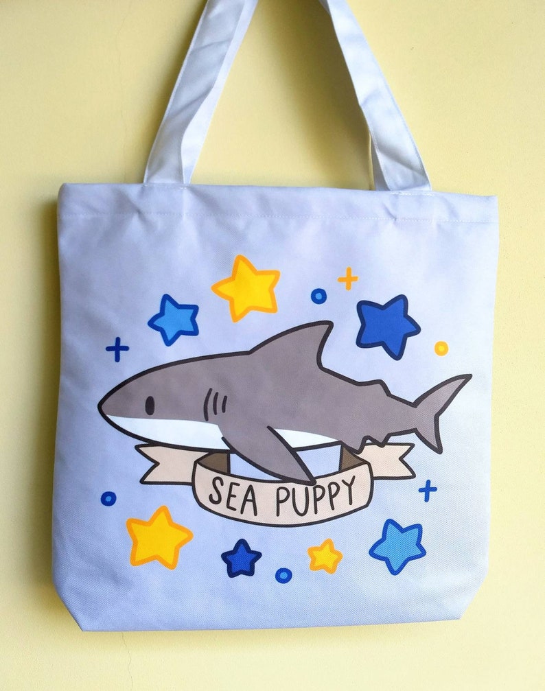 Shark Sea Puppy Tote Bag \u2014 Cute Shark Shopping Bag \u2014 Ocean Marine Life Shoulder Bag \u2014 Sea Life Tote Bag