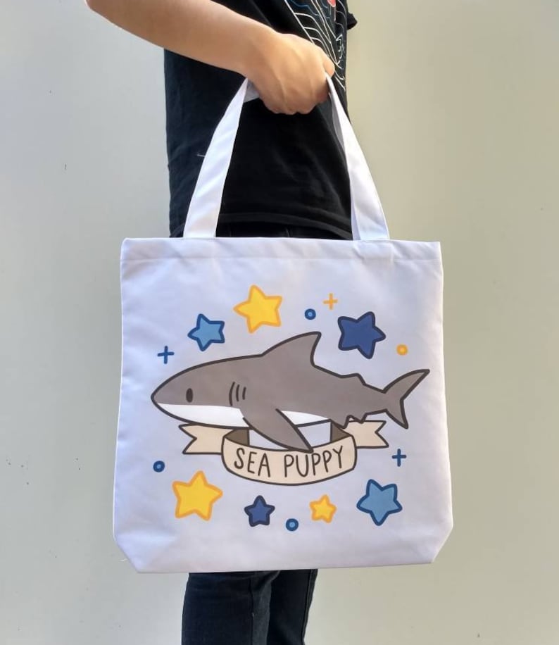 Shark Sea Puppy Tote Bag \u2014 Cute Shark Shopping Bag \u2014 Ocean Marine Life Shoulder Bag \u2014 Sea Life Tote Bag