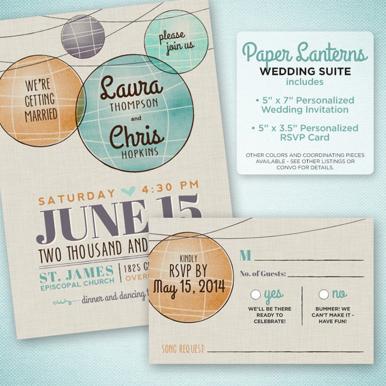 Green and Navy Blue Retro Save the Date Save the Date Paper Lantern Mod Printable Watercolor Paper Lantern Save the Date Card in Blue