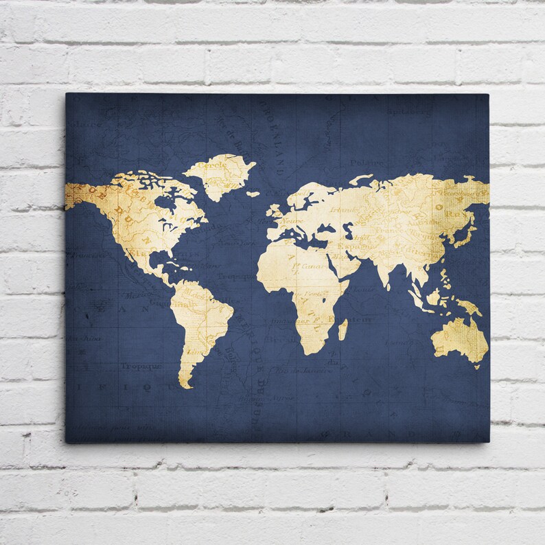 navy world map wall art canvas world map print in navy blue etsy