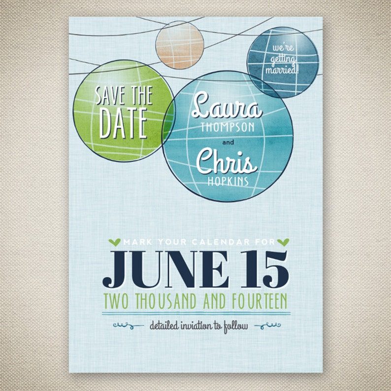 Green and Navy Blue Retro Save the Date Save the Date Paper Lantern Mod Printable Watercolor Paper Lantern Save the Date Card in Blue