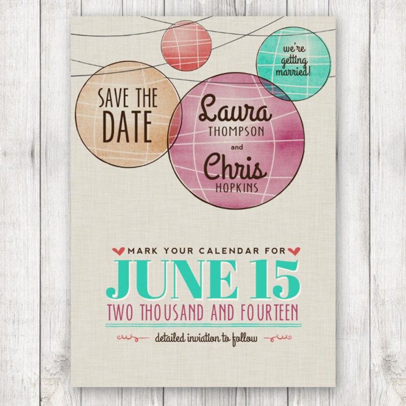 Green and Navy Blue Retro Save the Date Save the Date Paper Lantern Mod Printable Watercolor Paper Lantern Save the Date Card in Blue