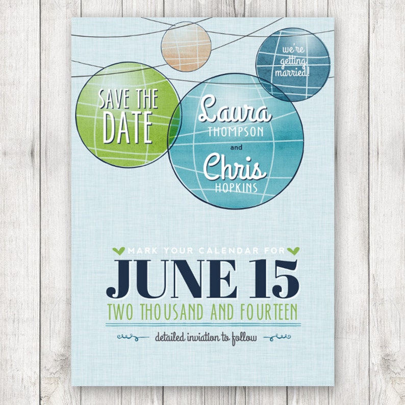 Green and Navy Blue Retro Save the Date Save the Date Paper Lantern Mod Printable Watercolor Paper Lantern Save the Date Card in Blue