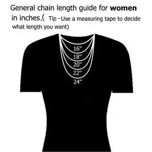 May include: A black graphic showing a chain length guide for necklaces. The text reads "General chain length guide for women in inches." White lines illustrate necklace lengths from 16" to 24". A tip encourages using a measuring tape.