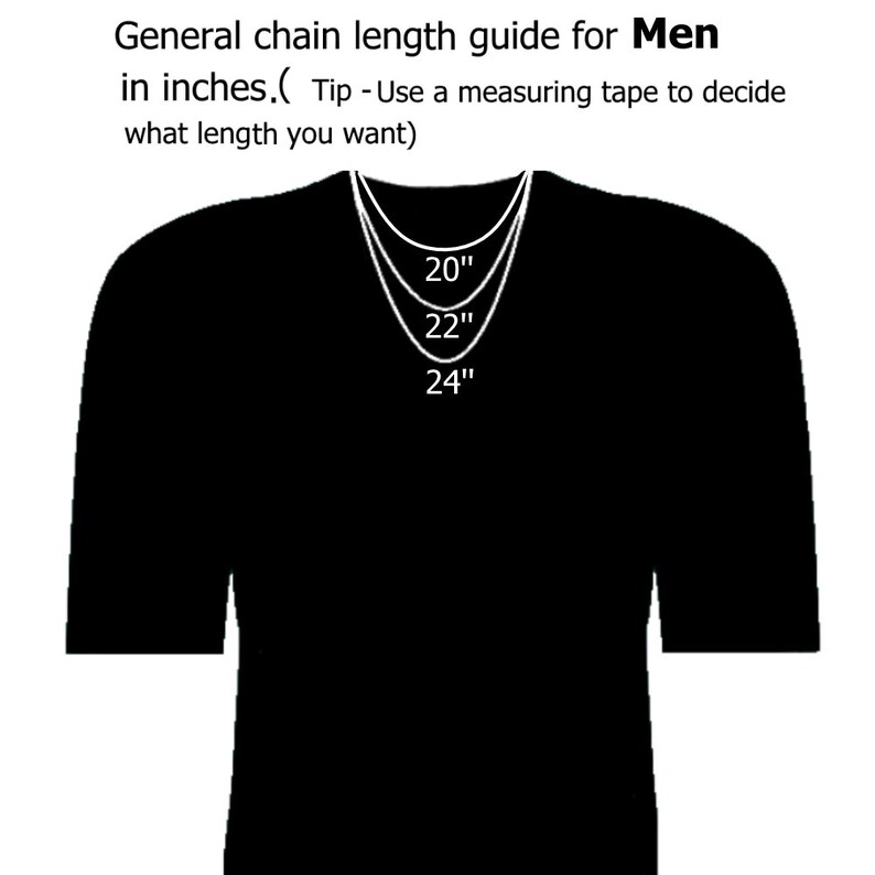 May include: A black t-shirt displays a chain length guide for necklaces. The guide shows three necklace lengths: 20", 22", and 24" inches. The text advises using a measuring tape to determine the desired length. The guide is for men.