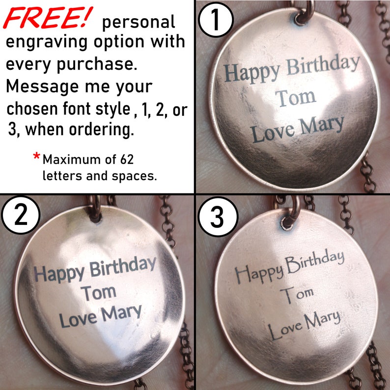 May include: A copper-colored pendant necklace with the engraved message "Happy Birthday Tom Love Mary." The image shows three different font styles for the engraving. The text "FREE! personal engraving option" is also visible.