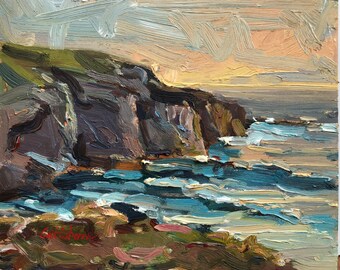 Original Oil Painting of Sunset on the cliffs at Kilkee, Irish Seascape.