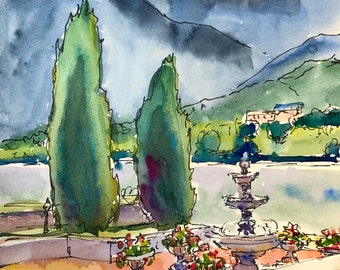 Original watercolour landscape painting, fountain at pravets, Bulgaria