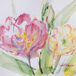 Tulipes roses et jaunes, aquarelle, art floral nature morte, art original, peinture de la vie, A4
