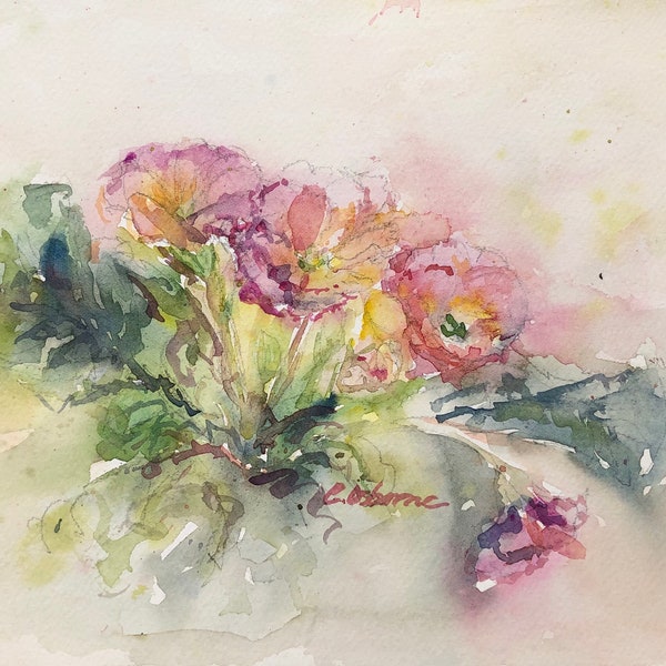 Pink watercolour flower painting, pink primrose, still-life floral art, original art, painting from life, 18x24cm
