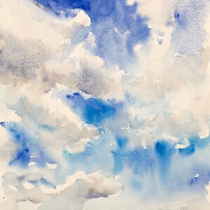 Original watercolour painting, Irish Landscape, Fluffy white clouds and deep blue sky,
