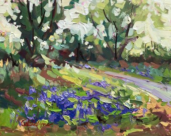 Irish Art, Bluebells by the path, Baggot estate, Oil painting by Cait Osborne