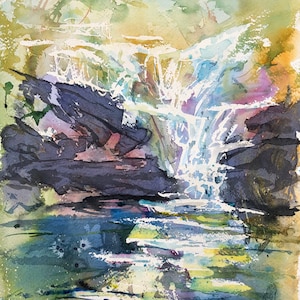 Original watercolour painting, Irish Landscape, Scenic View Waterfall, Clare glens, Co Tipperary, loose Impressionist style, 11x15in