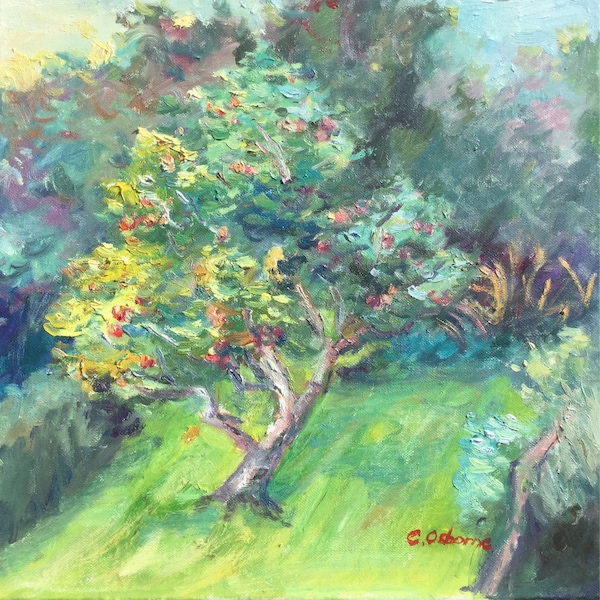 Peinture de paysage impressionniste Pommier dans le jardin, Huile originale