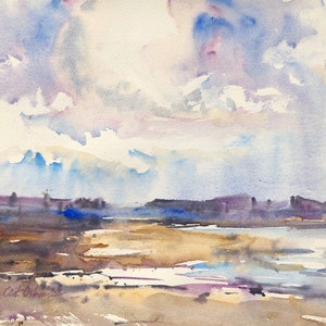 Arte irlandese, Kilkee Beach, Tramonto si avvicina, Pittura ad acquerello originale, costa di Clare