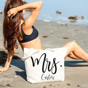 Personalized Canvas Beach Tote Bag, Custom Wedding Gift for Bride