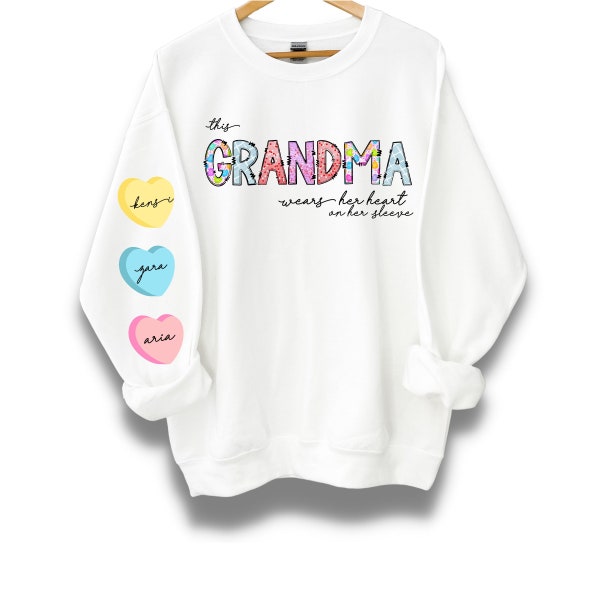 This Grandma Wears Her Heart on Her Sleeve Customized Sweatshirt for Nana or Grandma,Unique Gift for Mothers Day,Soft Cozy Casual Sweatshirt