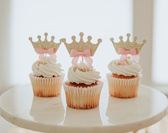 Crown Cupcake Toppers, Princess Party Decorations, Pink and Gold Birthday