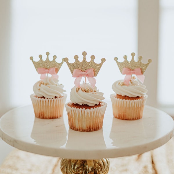 Crown Cupcake Toppers, Princess Party Decorations, Pink and Gold Birthday