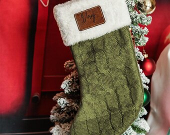 Personalized Cable Knit Christmas Stocking, Engraved Leather Patch