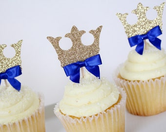 Royal Prince Baby Shower Decor - Crown Cupcake Toppers - Prince Theme Party Supplies - Elegant Cupcake Decor for Baby Shower