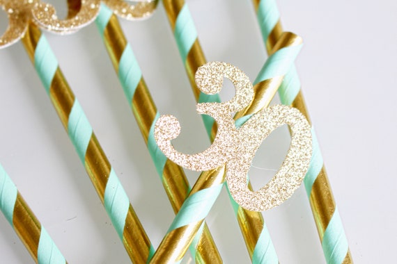 30th Birthday Party Straws - 30th Birthday Party Decorations - Dirty thirty party -30th Birthday for her - Mint and gold 30th Birthday Decor Il_570xn