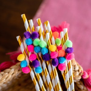Fiesta Party Paper Straws: Gold Stripes, Colorful Pom Poms (Set of 10)